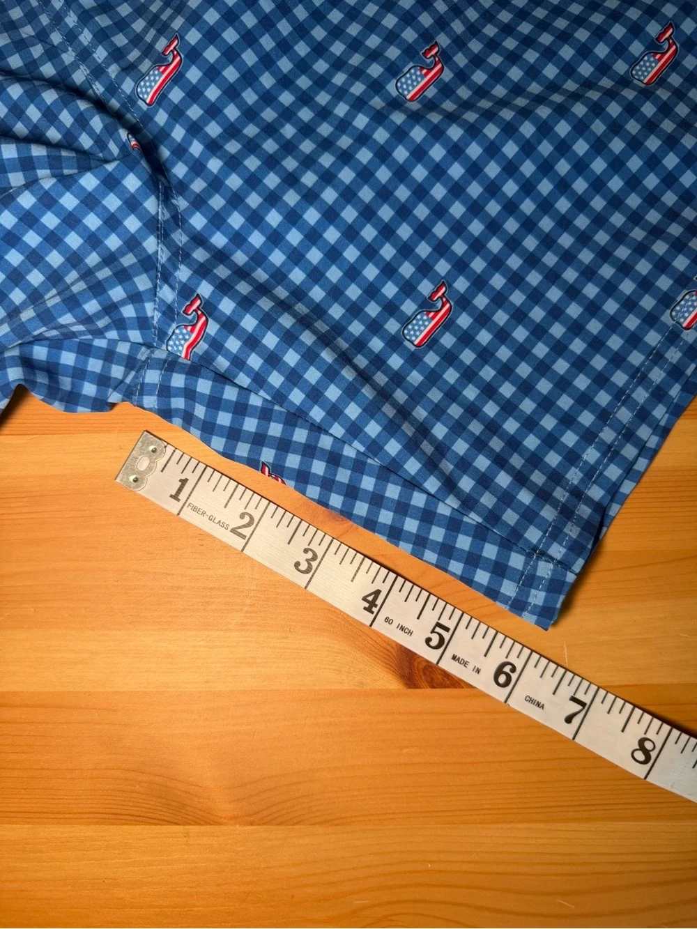 Vineyard Vines Kids Blue Gingham USA Flag Whale Swim Trunks Size L